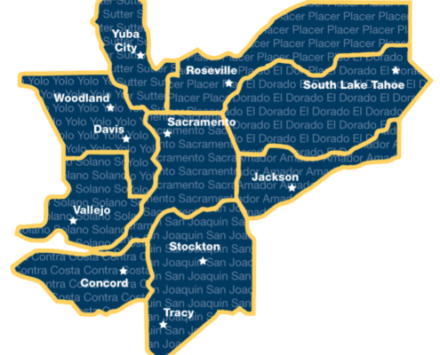 Map of counties served by online high school and home school including sutter, placer, el dorado, sacramento, yolo, solano, contra costa, amador and san joaquin