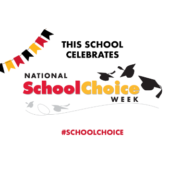 This School Celebrates National School Choice Week badge with grad caps and flags