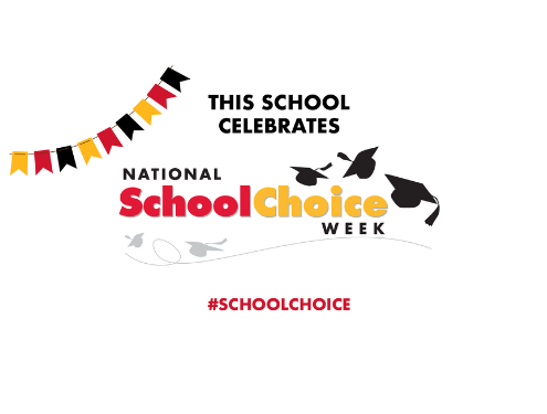 This School Celebrates National School Choice Week badge with grad caps and flags