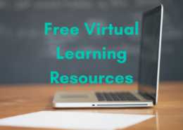 Free virtual learning resources text overlaid on image of laptop