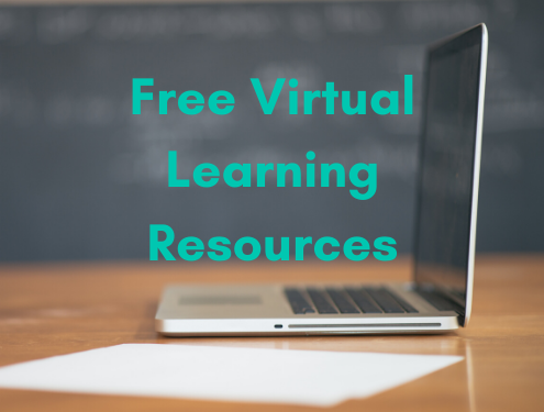 Free virtual learning resources text overlaid on image of laptop