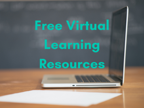 Free virtual learning resources text overlaid on image of laptop