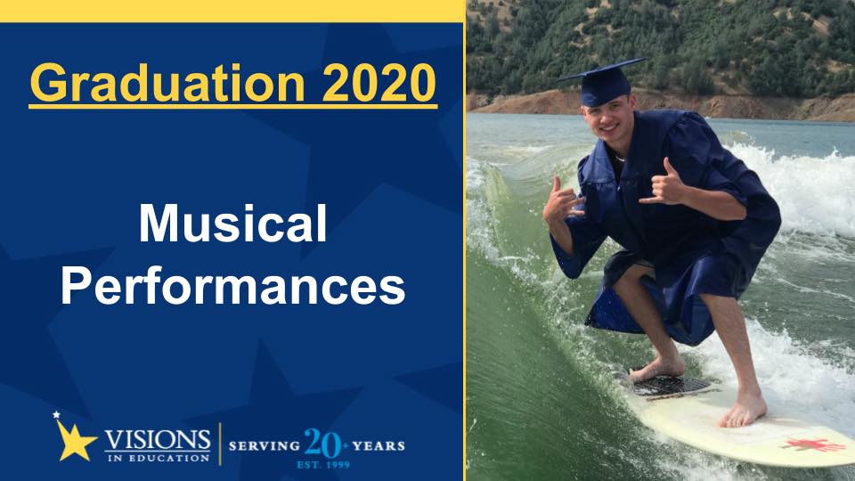 Graduation 2020 Musical Performances featuring male online high school grad riding a surf board in blue cap and gown