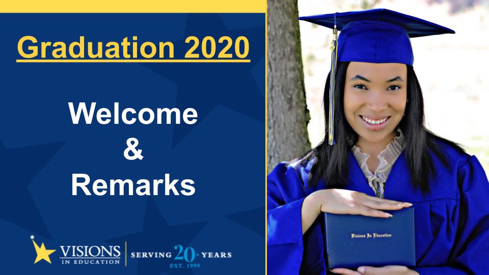 Graduation 2020 Welcome & Remarks featuring female online high school grad smiling in blue cap and gown