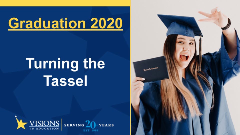 Graduation 2020 Turning the Tassel featuring female online high school grad holding diploma in blue cap and gown