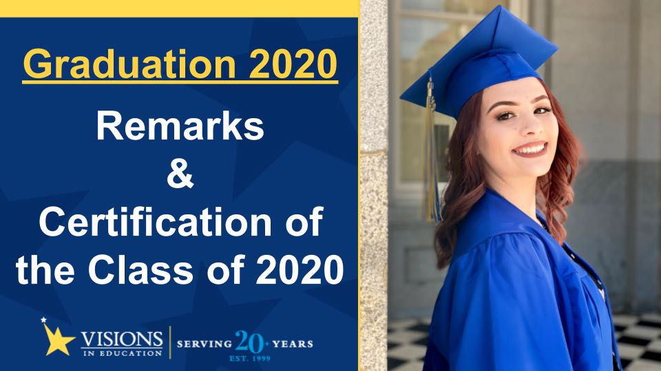 Graduation Remarks and Certification featuring female online high school grad smiling at the camera in blue cap and gown