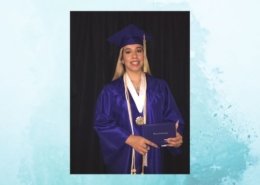 Linda Graduate Spotlight female online high school graduate smiles at camera in blue cap and gown holding diploma