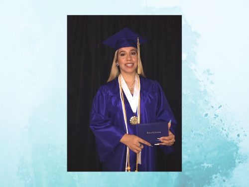 Linda Graduate Spotlight female online high school graduate smiles at camera in blue cap and gown holding diploma