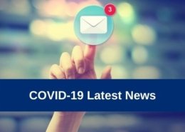 Hand pressing an email icon on blurred cityscape background with COVID-19 Latest News text overlay