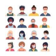 Vector set of persons, avatars, people heads of different ethnicity and age in protective masks. Men and women in flat style following recommendations for the prevention of coronavirus. (Vector set of persons, avatars, people heads of different ethnic backgrounds)