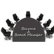 Become a board member text overlaid on desk with seven office chairs surrounding it