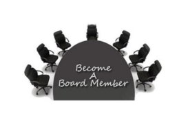 Become a board member text overlaid on desk with seven office chairs surrounding it