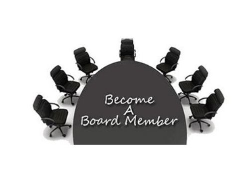 Become a board member text overlaid on desk with seven office chairs surrounding it