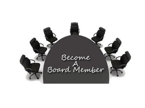 Become a board member text overlaid on desk with seven office chairs surrounding it