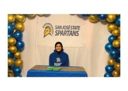 Danna Restom, online university prep student, smiles while celebrating her appointment to the San Jose State Spartans soccer team