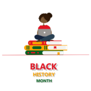 Black History Month with illustration of african american girl on laptop sitting on stack of books