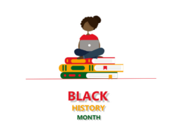 Black History Month with illustration of african american girl on laptop sitting on stack of books