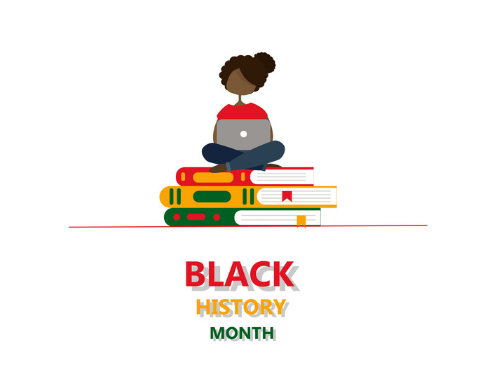 Black History Month with illustration of african american girl on laptop sitting on stack of books
