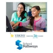 Mother and daughter smile while working together on laptop, School Pathways and Visions logos partnership