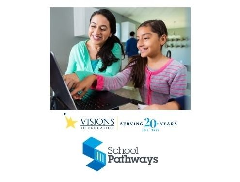 Mother and daughter smile while working together on laptop, School Pathways and Visions logos partnership