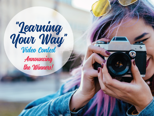 Learning your way video contest announcing the winners banner with high school teen taking photo