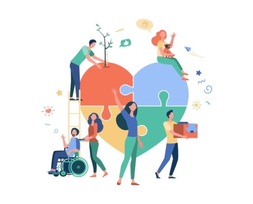 Stylized volunteers help charity and sharing hope isolated flat vector illustration. Cartoon abstract social team or group with humanitarian support. Donation and aid community concept (Stylized volunteers help charity and sharing hope isolated flat
