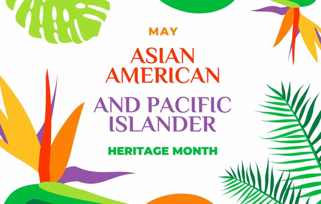 Asian American and Pacific Islander Heritage Month. Vector banner for social media, card, poster. Illustration with text, tropical plants. Asian Pacific American Heritage Month horizontal composition (Asian American and Pacific Islander Heritage Month