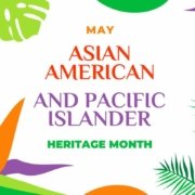 Asian American and Pacific Islander Heritage Month. Vector banner for social media, card, poster. Illustration with text, tropical plants. Asian Pacific American Heritage Month horizontal composition (Asian American and Pacific Islander Heritage Month