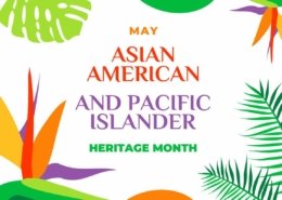 Asian American and Pacific Islander Heritage Month. Vector banner for social media, card, poster. Illustration with text, tropical plants. Asian Pacific American Heritage Month horizontal composition (Asian American and Pacific Islander Heritage Month