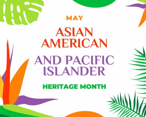 Asian American and Pacific Islander Heritage Month. Vector banner for social media, card, poster. Illustration with text, tropical plants. Asian Pacific American Heritage Month horizontal composition (Asian American and Pacific Islander Heritage Month