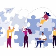 Team building concept. Business team metaphor. Business partners or company employees work together on a project. Young people put together puzzle pieces. Illustration.Vector. Flat. Cartoon. (Team building concept. Business team metaphor.