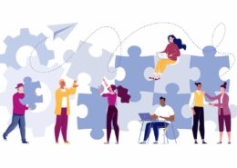 Team building concept. Business team metaphor. Business partners or company employees work together on a project. Young people put together puzzle pieces. Illustration.Vector. Flat. Cartoon. (Team building concept. Business team metaphor.