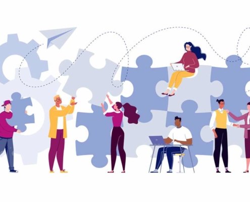 Team building concept. Business team metaphor. Business partners or company employees work together on a project. Young people put together puzzle pieces. Illustration.Vector. Flat. Cartoon. (Team building concept. Business team metaphor.