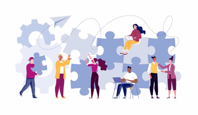 Team building concept. Business team metaphor. Business partners or company employees work together on a project. Young people put together puzzle pieces. Illustration.Vector. Flat. Cartoon. (Team building concept. Business team metaphor.