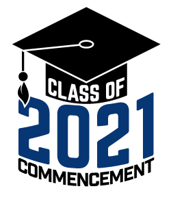 Class of 2021 Commencement logo with black grad cap and blue 2021