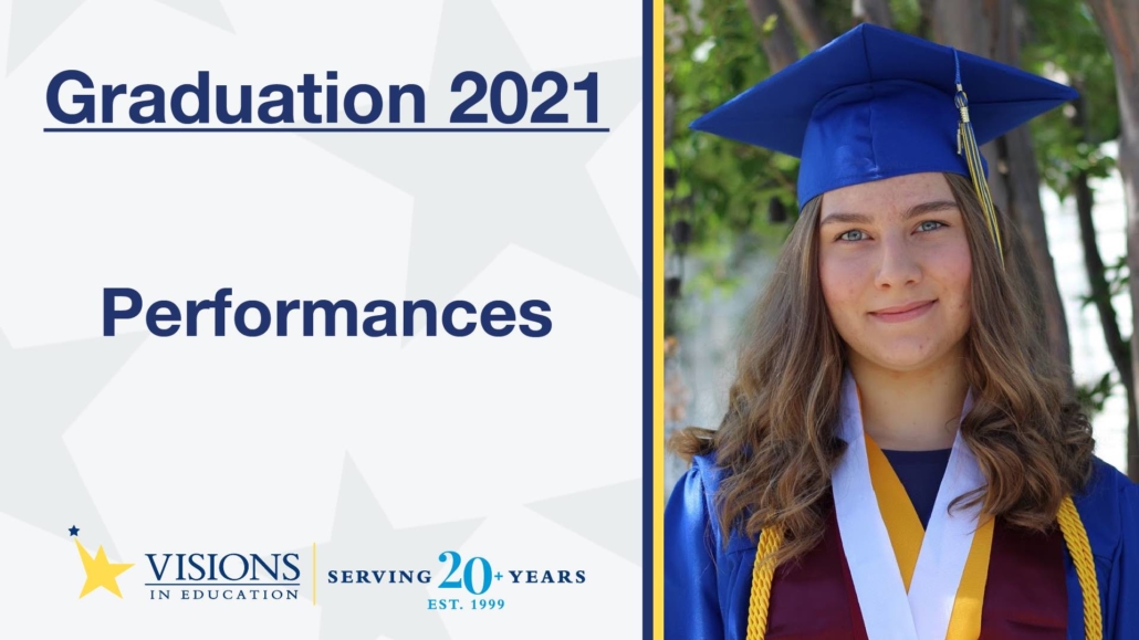 Graduation 2021 performances with smiling female online high school grad