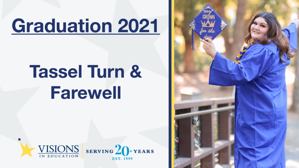Graduation 2021 Tassel Turn and Farewell with smiling female online high school grad