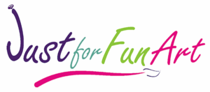 Just For Fun Art logo purple, teal, green and pink font with decorative paintbrush