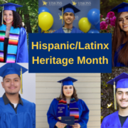 Hispanic/Latinx Heritage Month banner with Latino, Latina, and Hispanic grad photos