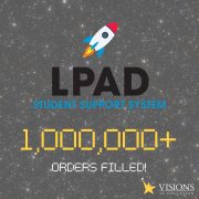 Galaxy background with text and logo overlay. LPAD Student Support System with rocket. Headline reads 1,000,000+ orders filled!