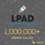 Galaxy background with text and logo overlay. LPAD Student Support System with rocket. Headline reads 1,000,000+ orders filled!