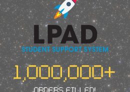 Galaxy background with text and logo overlay. LPAD Student Support System with rocket. Headline reads 1,000,000+ orders filled!