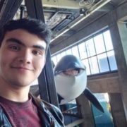Smiling home school boy stands next to replica of a dolphin
