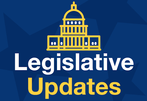 Blue image with the words "Legislative Updates" and government building graphic