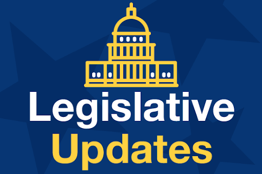 Blue image with the words "Legislative Updates" and government building graphic