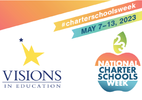 May 7-13 is National Charter Schools Week banner with apple and Visions star logo