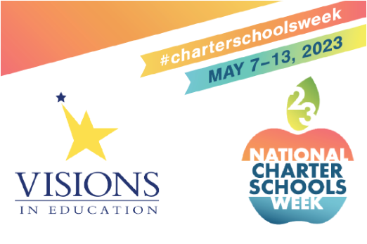 May 7-13 is National Charter Schools Week banner with apple and Visions star logo