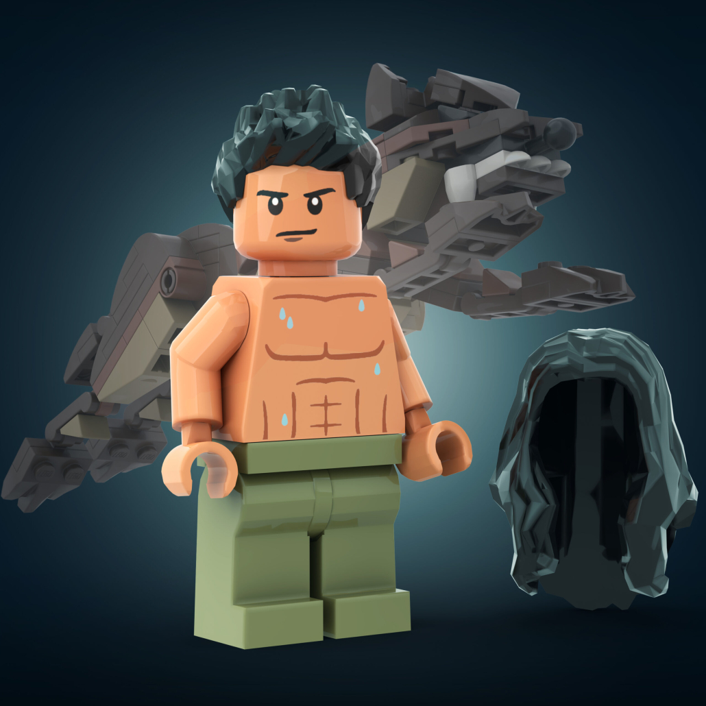 Male lego figure with short black hair with lego wolf in the background