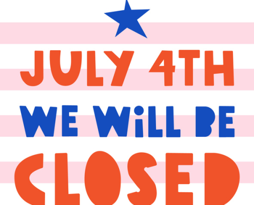 Vector illustration on white background red and blue text and a star, text says "July 4th We Will Be Closed"