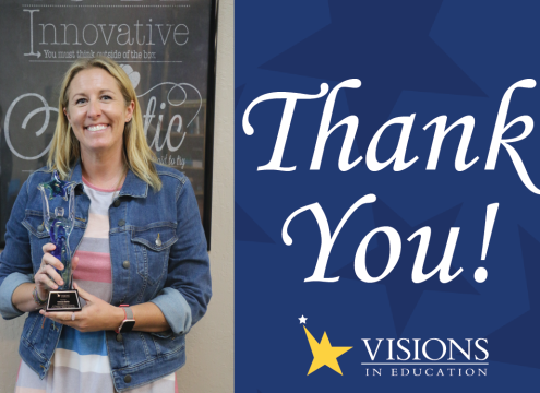 Female board member poses with award, graphic includes "thank you" message and Visions star logo